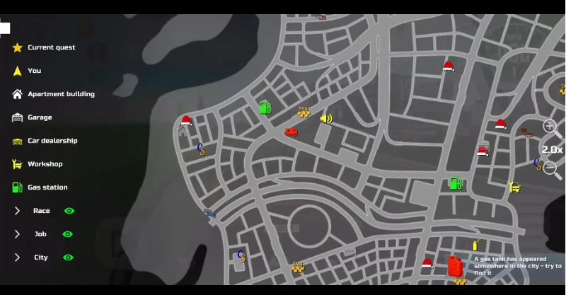 Car Simulator 2 open world map showing free roam driving area
