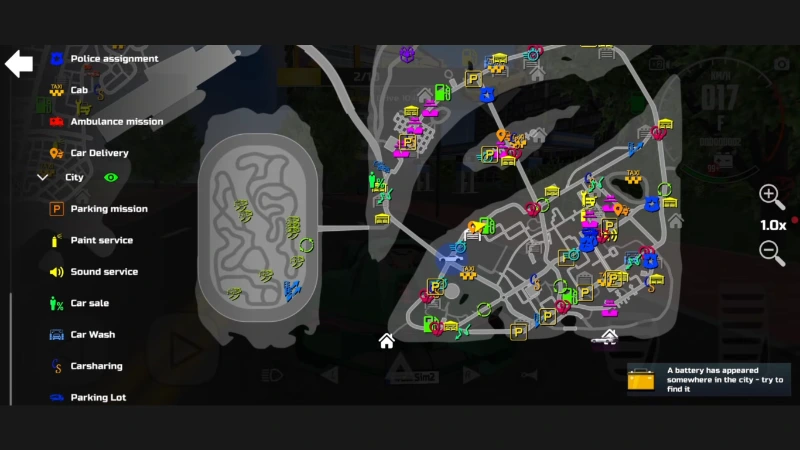 Car Simulator 2 open world city map with GPS route overlay